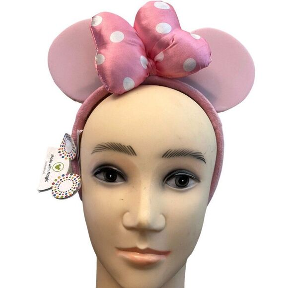 Pink Minnie Mouse Headband Ears Polka Dot Bow Disney Parks Ears One Size - Picture 1 of 4